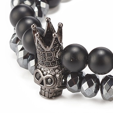 2Pcs 2 Style Synthetic Hematite & Black Stone & Natural Obsidian Stretch Bracelets Set with Cubic Zirconia Skull(BJEW-JB08120-03)-5