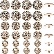 CHGCRAFT 30Pcs 3 Style Alloy Shank Buttons, 1-Hole, Flat Round with Leaf Pattern, Light Gold, 15~23x3~4mm, Hole: 2mm,  10pcs/style(FIND-CA0004-77LG)