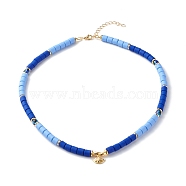 Polymer Clay Beaded Necklaces, with Brass Pendant and Lampwork Round Beads, Evil Eye, Medium Blue, 18.31 inch(465mm)(NJEW-JN03580)