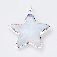 Opalite Pendants, with Brass Snap on Bails, Edge Metal Color Plated, Star, Silver, 30~45x30~45x7.5~10mm, Hole: 4.5x7mm(G-E564-01B-S)