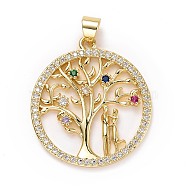 Brass Micro Pave Colorful Cubic Zirconia Pendants, Long-Lasting Plated, Lead Free & Cadmium Free, Flat Round with Tree & Couple, Valentine's Day, Real 18K Gold Plated, 28x25x2mm, Hole: 5x3mm(ZIRC-E165-05G)