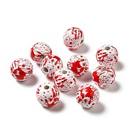 Halloween Theme Printed Natural Wooden Beads, Round with Bloody Hand Pattern, Red, 16x14.5mm, Hole: 3.5mm(WOOD-L020-C01)