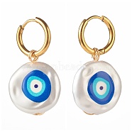 3D Printed Evil Eye Round Imitation Pearl Earrings for Girl Women, Huggie Hoop Earrings  with 304 Stainless Steel Findings, Golden, 34mm, Pin: 1mm(EJEW-JE04605)