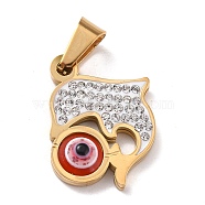 304 Stainless Steel Pendants, with Polymer Clay Rhinestone and Evil Eye Resin Round Beads, 201 Stainless Steel Bails, Dolphin, Red, 18x14x4mm, Hole: 3.5x7mm(STAS-F277-07A-G)