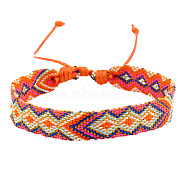 Cotton Braided Rhombus Cord Bracelet, Ethnic Tribal Adjustable Bracelet for Women, Orange, Inner Diameter: 7-1/8~9-7/8 inch(18~25cm)(PW-WG48792-08)