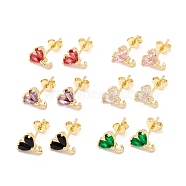 Rack Plating Brass Cubic Zirconia Stud Earrings Findings, Real 18K Gold Plated, with Loop, Cadmium Free & Lead Free, Heart, Mixed Color, 9x8.5mm, Hole: 1.5mm, Pin: 1mm(MAK-I684-10G-RS)