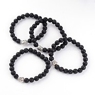 Buddha Head Natural Lava Rock Beaded Stretch Bracelets, with Tibetan Style Alloy Beads, 55mm(BJEW-JB02230)