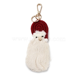 Christmas Theme Macrame Weaving Santa Claus Tassel Cotton Thread Keychain, with Alloy Clasp, Red, 20cm, pendant: 148x48x16mm, clasp:50x18x7mm, jump ring: 25x2mm(FIND-M045-01)