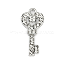 Rack Plating Alloy Micro Pave Rhinestone Pendants, Heart and Key, Platinum, 24.5x11.5x2mm, Hole: 1.8mm(FIND-K020-07P)