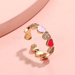 Heart Brass Micro Pave Clear Cubic Zirconia Enamel Cuff Rings for Women, Golden, Cerise, Inner Diameter: 18mm(FS-WGCCE82-04)