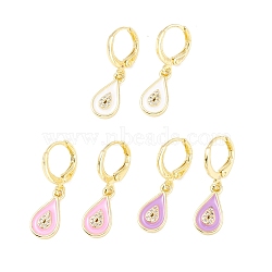 Enamel Teardrop Dangle Leverback Earrings with Clear Cubic Zirconia, Real 18K Gold Plated Brass Drop Earrings for Women, Lead Free & Cadmium Free, Mixed Color, 27.5mm, Pin: 0.8x1mm(EJEW-F282-02-G)