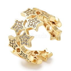 Rack Plating Brass Pave Clear Cubic Zirconia Open Cuff Rings, Cadmium Free & Lead Free, Long-Lasting Plated, Star, Real 18K Gold Plated, Adjustable(RJEW-M172-07G)