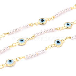 3.28 Feet Handmade CCB Plastic Imitation Pearl Beaded Chains, with Glass Evil Eyes and Brass Findings, Soldered, Long-Lasting Plated, Round & Flat Round, Golden, Round Link: 23.5x3mm, Flat Round with Evil Eye Link: 12x7x2mm(X-CHC-I038-04G)