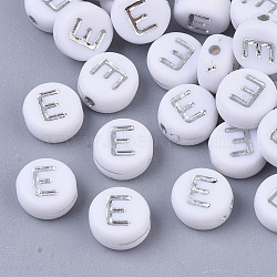 Plating Acrylic Beads, Silver Metal Enlaced, Horizontal Hole, Flat Round with Letter, White, Letter.E, 7x4mm, Hole: 1.2mm(X-PACR-R243-04E)
