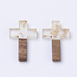 Resin & Walnut Wood Pendants, with Gold Foil, Cross, Clear, 26x16x3mm, Hole: 1.8mm(RESI-N025-012A-A01)