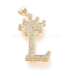 Brass Micro Pave Cubic Zirconia Pendants, Long-Lasting Plated, with Snap on Bail, Letter.L with Crown, Real 18K Gold Plated, Clear, Letter.L, L: 28x17x4mm, Hole: 3x4mm(KK-R138-002L)