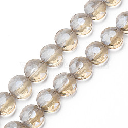 Electroplate Transparent Glass Beads Strands, Faceted, Flat Round, Pale Goldenrod, 10x6mm, Hole: 0.9mm, about 70pcs/strand, 27.95 inch(71cm)(EGLA-N002-38-F01)