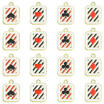 16Pcs 4 Styles Alloy Enamel Pendants, Golden, Rectangle with Playing Card Charm, Spades/Club/Diamond/Heart, Mixed Color, 20x14x1.5mm, Hole: 1.6~1.8mm, 4pcs/style