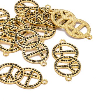 Alloy Rhinestone Links connectors, Cadmium Free & Lead Free, Peace Sign & Flat Round with Cross, Golden Metal Color, Jet, 44x21x3mm, Hole: 2mm