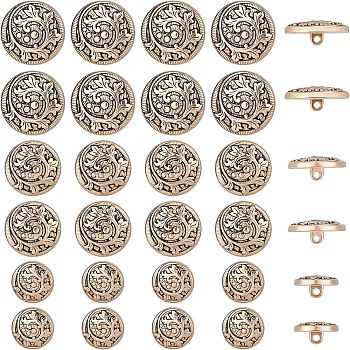 CHGCRAFT 30Pcs 3 Style Alloy Shank Buttons, 1-Hole, Flat Round with Leaf Pattern, Light Gold, 15~23x3~4mm, Hole: 2mm,  10pcs/style