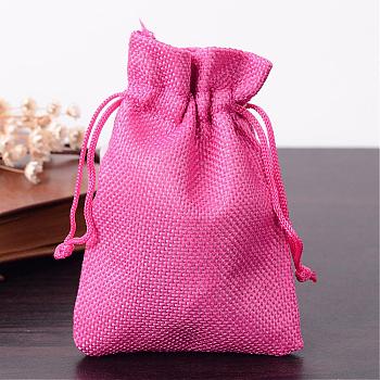 Polyester Imitation Burlap Packing Pouches Drawstring Bags, for Christmas, Wedding Party and DIY Craft Packing, Deep Pink, 12x9cm