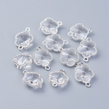 Glass Links connectors, with Eco-Friendly Alloy Open Back Berzel Findings, Flower, Silver Color Plated, Clear, 15.5x12x5mm, Hole: 1.4mm