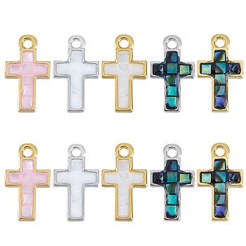 10Pcs 5 Colors Brass Dyed Natural Shell Cross Charms, Mixed Color, 12x7x2.5mm, Hole: 1.3mm, 2pcs/color