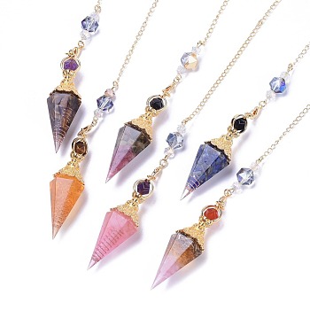Resin Hexagonal Pointed Dowsing Pendulums(Brass Finding and Gemstone Inside), with Brass Chain, Chakra, Faceted, Cone, Golden, 360mm
