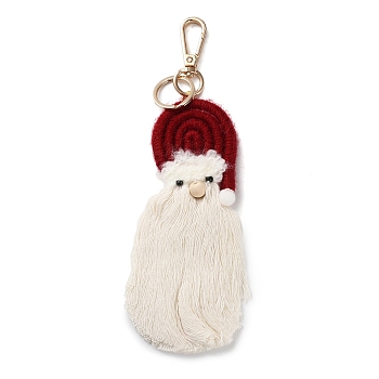 Christmas Theme Macrame Weaving Santa Claus Tassel Cotton Thread Keychain, with Alloy Clasp, Red, 20cm, pendant: 148x48x16mm, clasp:50x18x7mm, jump ring: 25x2mm