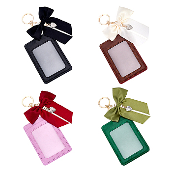 4Pcs 4 Colors Rectangle PU Leather ID Card Holder, with 4Pcs 4 Colors Bowknot Polyester Pendant Keychains, Mixed Color, 123mm, Hole: 12x7mm