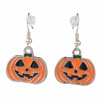 Alloy Enamel Dangle Earrings, for Halloween, with Brass Earring Hooks and Plastic Ear Nuts, Pumpkin Jack-O'-Lantern, Platinum, Coral, 36mm, Pin: 0.8mm
