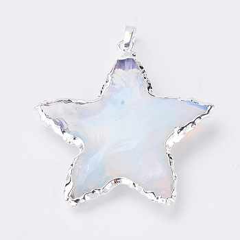 Opalite Pendants, with Brass Snap on Bails, Edge Metal Color Plated, Star, Silver, 30~45x30~45x7.5~10mm, Hole: 4.5x7mm
