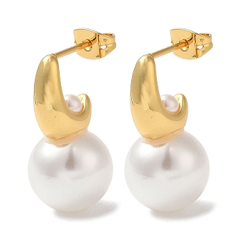 Rack Plating Brass with ABS Plastic Pearl Stud Earrings for Women, Cadmium Free & Lead Free, Long-Lasting Plated, Round, Real 18K Gold Plated, 23.5x12mm