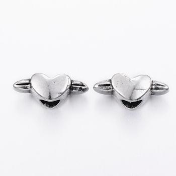 304 Stainless Steel European Beads, Large Hole Beads, Heart with Wing, Antique Silver, 7x17.5x8mm, Hole: 5mm