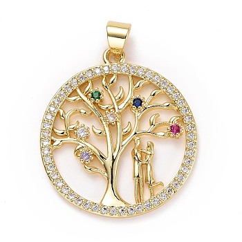 Brass Micro Pave Colorful Cubic Zirconia Pendants, Long-Lasting Plated, Lead Free & Cadmium Free, Flat Round with Tree & Couple, Valentine's Day, Real 18K Gold Plated, 28x25x2mm, Hole: 5x3mm
