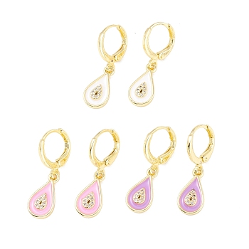 Enamel Teardrop Dangle Leverback Earrings with Clear Cubic Zirconia, Real 18K Gold Plated Brass Drop Earrings for Women, Lead Free & Cadmium Free, Mixed Color, 27.5mm, Pin: 0.8x1mm