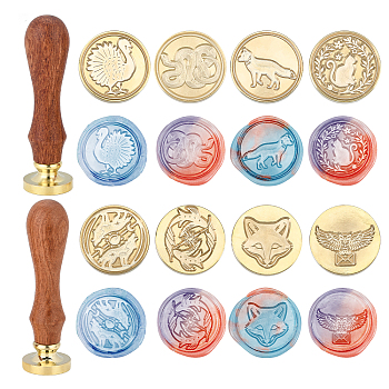 SUPERDANT 8Pcs 8 Style Wax Seal Brass Stamp Head, with Bird Pattern, Fish Pattern, Fox Pattern, Owl Pattern, Cat Pattern, with 2Pcs Pear Wood Handle, for Wax Seal Stamp, Animal Pattern, Stamp Head: 25x14.5mm, 1pc/style, 8pcs/bag