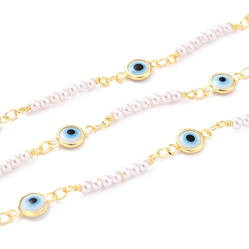 3.28 Feet Handmade CCB Plastic Imitation Pearl Beaded Chains, with Glass Evil Eyes and Brass Findings, Soldered, Long-Lasting Plated, Round & Flat Round, Golden, Round Link: 23.5x3mm, Flat Round with Evil Eye Link: 12x7x2mm