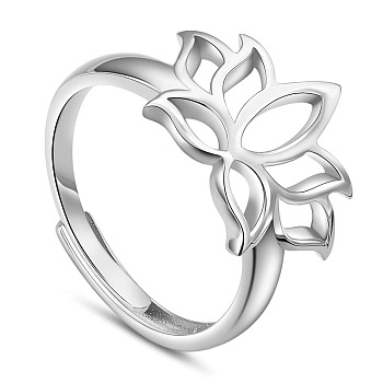 SHEGRACE Adjustable Rhodium Plated 925 Sterling Silver Rings, Lotus, Platinum, Size 8, 18mm