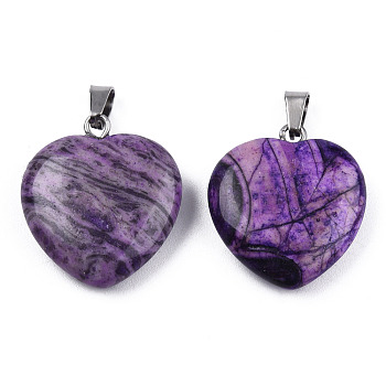 Natural Map Stone Pendants, with Stainless Steel Color Tone Stainless Steel Snap On Bails, Heart Charm, Dyed & Heated, Dark Orchid, 22~22.5x20~20.5x6mm, Hole: 2.5x5mm