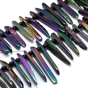 Electroplated Natural Agate Bead Strands, Tusk Shape, Multi-color Plated, 20~70x4~16x6~9mm, Hole: 2mm, about 32~35pcs/strand, 15.7 inch(40cm)