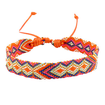 Cotton Braided Rhombus Cord Bracelet, Ethnic Tribal Adjustable Bracelet for Women, Orange, Inner Diameter: 7-1/8~9-7/8 inch(18~25cm)