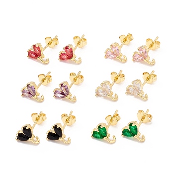 Rack Plating Brass Cubic Zirconia Stud Earrings Findings, Real 18K Gold Plated, with Loop, Cadmium Free & Lead Free, Heart, Mixed Color, 9x8.5mm, Hole: 1.5mm, Pin: 1mm
