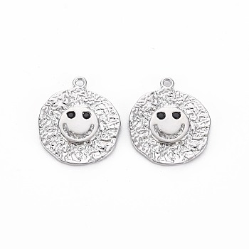 Brass Micro Pave Black Cubic Zirconia Pendants, Nickel Free, Flat Round with Face, Real Platinum Plated, 17x14x1.5mm, Hole: 1.2mm