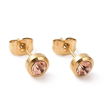 Rhinestone Column Stud Earrings, Golden Plated 304 Stainless Steel Jewelry for Women, Light Peach, 15x6mm, Pin: 0.8mm