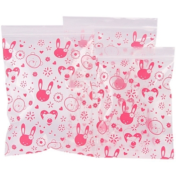 100Pcs OPP Rectangle Zip Lock Bags, with Rabbit & Bear Pattern, Resealable Packaging Bags, Self Seal Bags, Hot Pink, 7x5cm