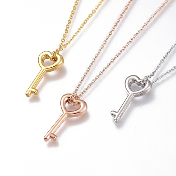 304 Stainless Steel Heart Key Pendant Necklaces, with Cable Chains and Lobster Claw Clasps, Mixed Color, 16 inch(40.5cm)