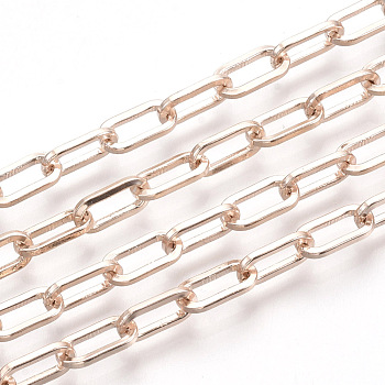 Unwelded Iron Paperclip Chains, Flat Oval, Drawn Elongated Cable Chains, with Spool, Rose Gold, 10x5x1mm, about 82.02 Feet(25m)/roll
