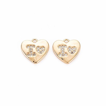 Brass Micro Pave Clear Cubic Zirconia Charms, Nickel Free, Heart with Word I, Real 18K Gold Plated, 10x10.5x1.5mm, Hole: 1mm