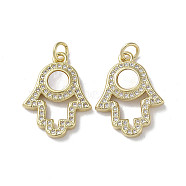 Brass Micro Pave Cubic Zirconia Pendants, with Shell, Hamsa Hand, Real 18K Gold Plated, 22x16.5x2.5mm, Hole: 3mm(KK-G485-22A-G)